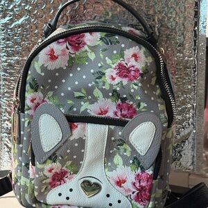 Betsey Johnson Gray Floral Backpack pug French bulldog